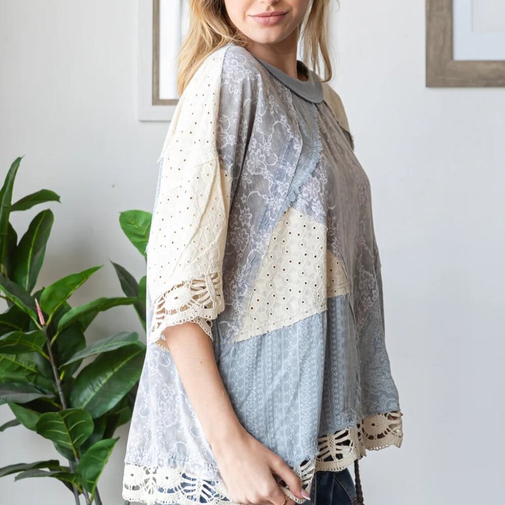 Oli & Hali Washed Mix Media Casual Top New Size Large - Picture 5 of 6